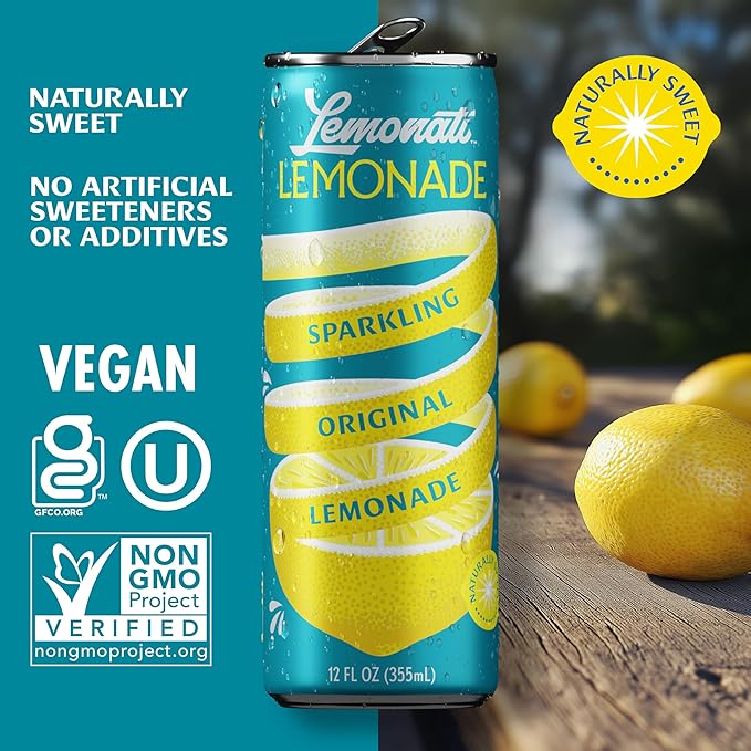 Lemonati Sparkling Lemonade, No Artificial Sweeteners or Flavoring, Gluten-Free, Kosher, Non-GMO, Vegan, 12 Fl Oz Slim Cans (12 Fl Oz (Pack of 24), Lemonade)