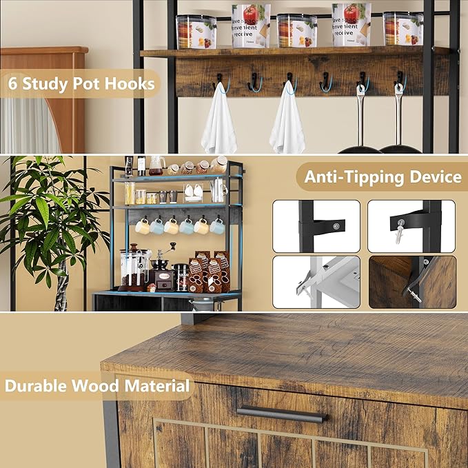 Kitchen Bakers Rack with Storage Shelf - 6-Tier Microwave Stand Oven Cabinet W/Tilting Trash Can Bin and Power Outlet, Farmhouse Thickened Coffee Bar Table Station W/6 Hooks&Adjustable feet