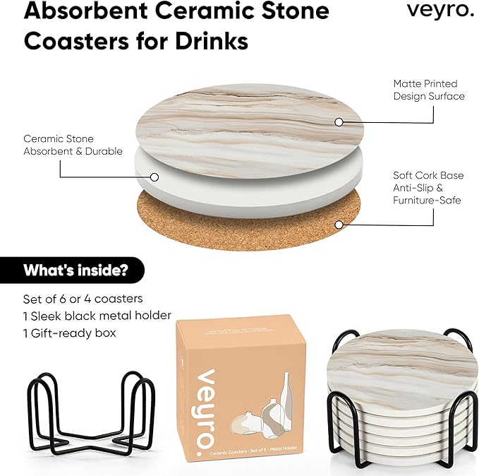 VEYRO Ceramic Coasters Set of 6 – Absorbent Stone Drink Coasters with Holder, Non-Slip Cork Backing, Modern Marble Look Coasters for Coffee Table, Desk & Home Decor