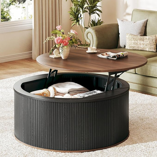 Round Coffee Table with Storage, 31.5" Lift Top Coffee Table, Mid Century Modern Coffee Tables for Living Room, Apartment Office, Fluted Table with Rustic Wood Desktop
