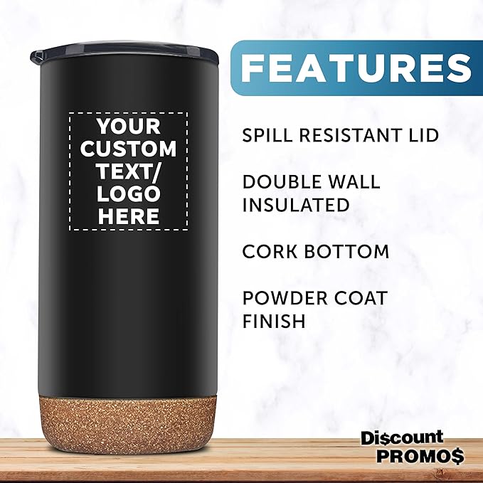 DISCOUNT PROMOS Custom Tumblers Cork Bottom 16 oz Set of 10/50/100 Personalized Bulk Pack Double Wall Insulated Matte Finish Iced Coffee Soda - Black