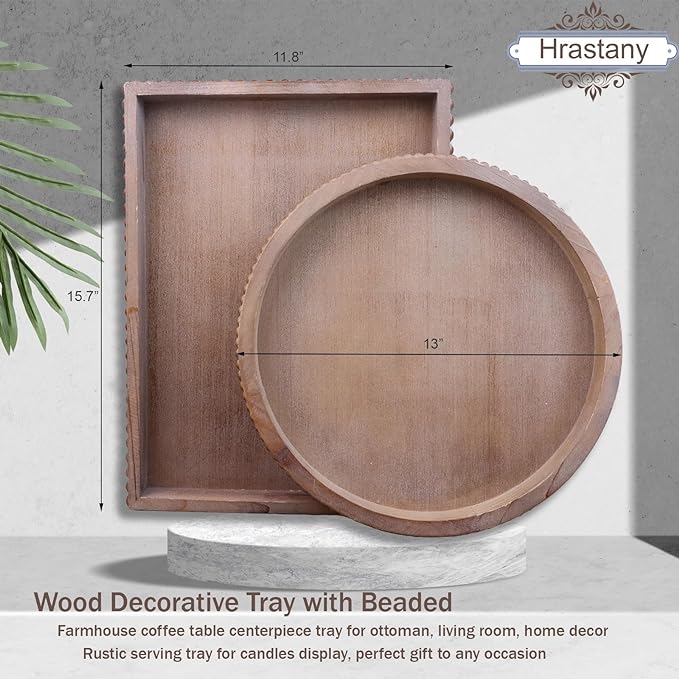 Wood Decorative Tray, Distressed Outdoor Serving Tray with Wooden Bead for Ottoman, Coffee Table, Entertaining, Home Decor, Rectangular 15.7”*11.8”*1.57” (Retro Brown)