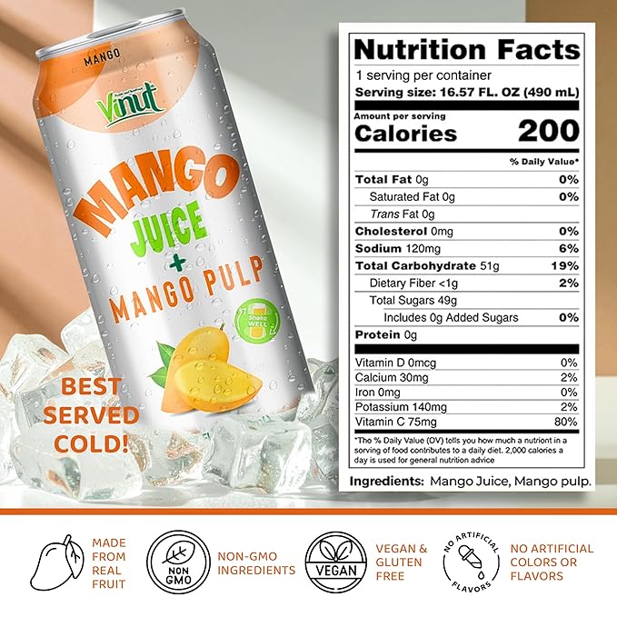 Vinut 100% Mango Juice with Pulp (16.57 fl oz, Pack of 24), No Sugar Added, All Nature Mango Juice, Not From Concentrate, Gluten Free, GMO-Free, High Calcium, Iron