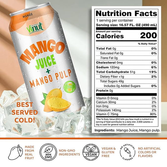 Vinut 100% Mango Juice with Pulp (16.57 fl oz, Pack of 24), No Sugar Added, All Nature Mango Juice, Not From Concentrate, Gluten Free, GMO-Free, High Calcium, Iron