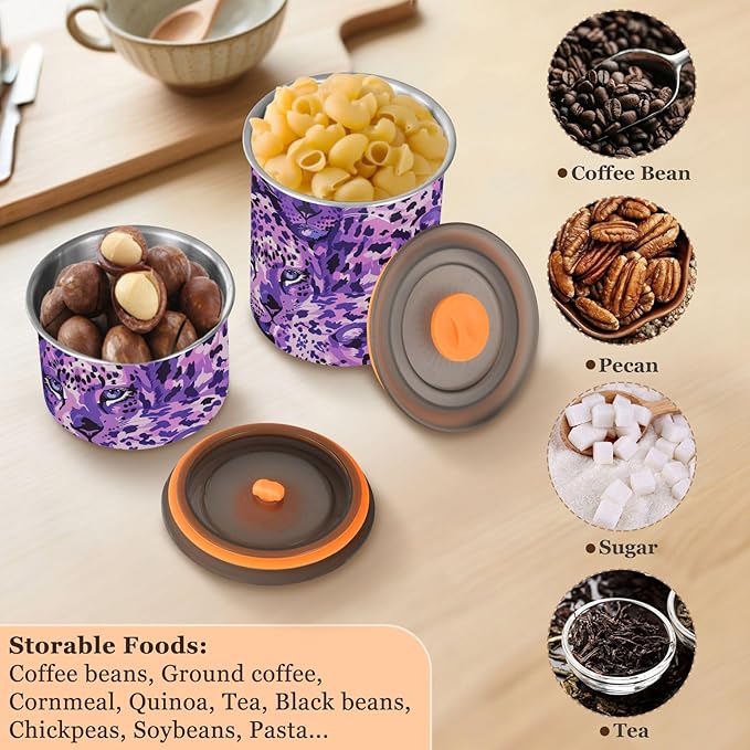 ALAZA Purple Leopard Print Airtight Coffee Bean Canister 500ml Food Storage Containers with Lids For Gournd, Tea, Sugar, Flour, Rice, Cereal, Candy Cookie Jar