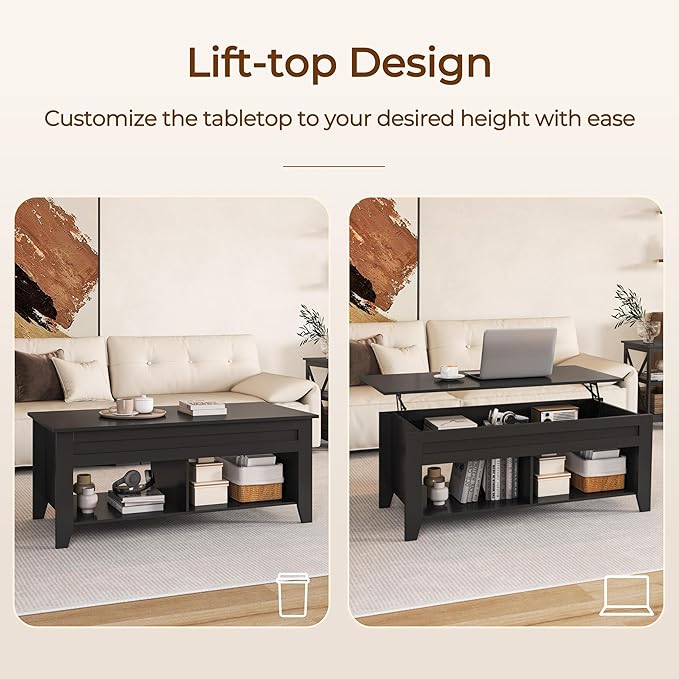 Yaheetech Black Wood Coffee Table Lift Top Coffee Table w/Hidden Storage & 2 Open Shelves for Living Room Reception Room Office, 39.5in L
