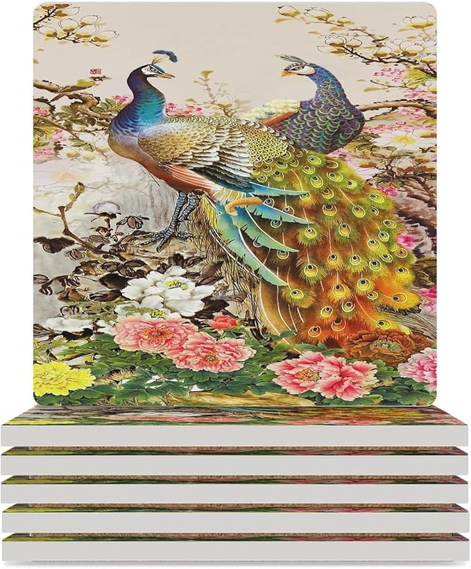 Peacock Drink Coasters, Square Ceramic Drink Coaster Square-6PCS, Vintage Tree Branch Beautiful Plant Floral Gold Peacock Decor Absorbent Ceramic Coasters for Beverage Cup, Bar, Coffee Table