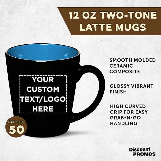 Custom Ceramic Coffee Latte Mugs 12 oz. Set of 50, Personalized Bulk Pack - Perfect for Coffee, Tea, Espresso, Hot Cocoa, Other Beverages - Blue