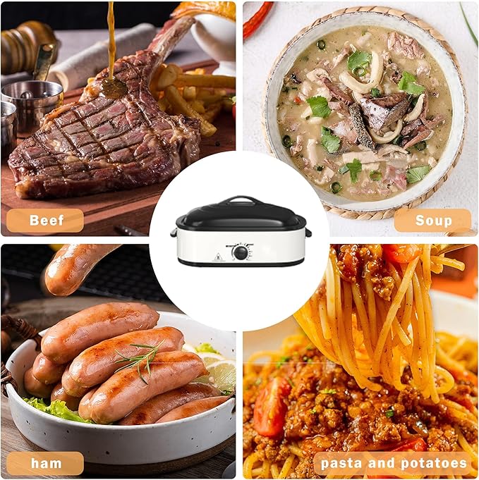 14 Quart Electric Roaster Oven, Turkey Roaster Oven with Self-Basting Lid, Stainless Steel Roaster Pan, White