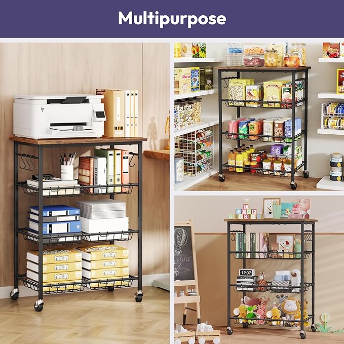 SWTYMIKI Rolling Kitchen Storage Cart - 4 Tier Microwave Table Stand with 6 Storage Baskets, Coffee Bar with Wheels, Kitchen Utility Cart Shelf Rack Organizer for Fruit, Vegetables, Potato (Brown)