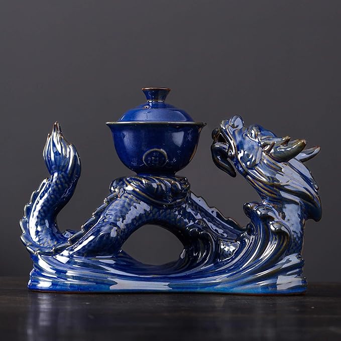 Semi Automatic Tea Set Ceramic Teapot with Infuser Magic Teapot with 8 cups (dark blue dragon-a)