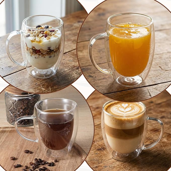 4 Pack Double Wall Glass Coffee Mugs 12 Oz Clear Coffee Mugs with Handle Insulated Cups Glass Mug Heat Resistant Tea Cups for Tea Bag Hot Cold Drink