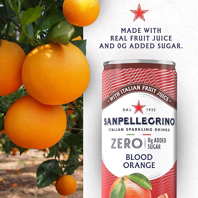 Sanpellegrino Zero Grams Added Sugar Italian Sparkling Drinks Blood Orange, Sparkling Orange and Blood Orange Beverage, 24 Pack of 11.15 Fl Oz Cans