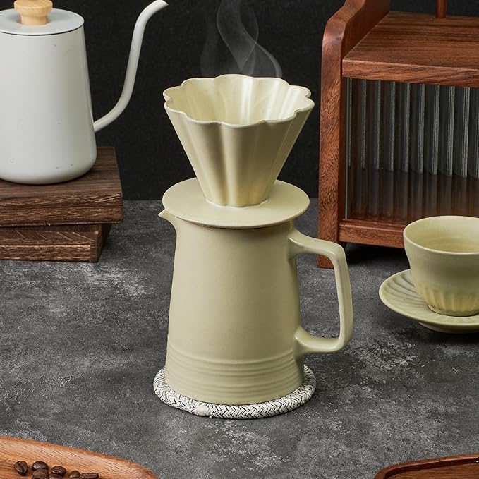 Pour Over Coffee Maker, Ceramic Coffee Dripper with 40pcs V02 Paper Filter & Coaster, 18.2oz/540ml Flower Shape Pour Over Coffee Filter set (Celadon Set)