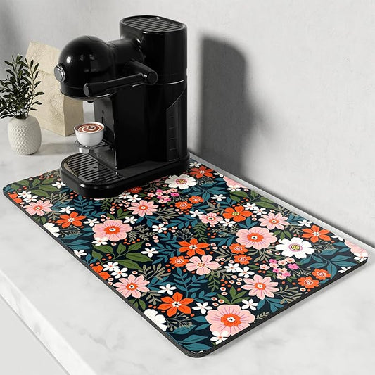 Rnivvi Coffee Mat, 12" x 19" Cute Coffee Bar Mats for Espresso Machine Station Accessories and Organizer, Hide Stain Rubber Backed Absorbent Dish Drying Pad for Kitchen Counter, Floral Cartoon