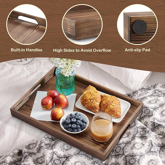 17 Inch Burnt Wood Serving Tray with Handles, Large Wooden Decorative Tray for Ottoman, Breakfast in Bed, Coffee Table, Dinner, Rectangular Tray for Living Room Bedroom Entryway and Kitchen