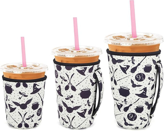 3 Pack Iced Coffee sleeve Insulated Neoprene Cup Sleeves with handle For Cold Drinks Beverages, Reusable Cup Holder for 16oz-32oz Coffee Cups (Wizard's Trip)