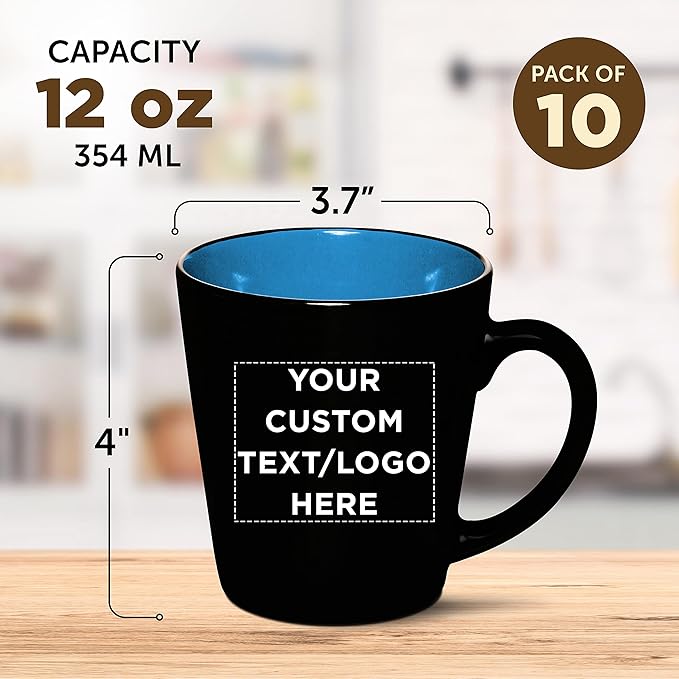 Custom Ceramic Coffee Latte Mugs 12 oz. Set of 10, Personalized Bulk Pack - Perfect for Coffee, Tea, Espresso, Hot Cocoa, Other Beverages - Blue