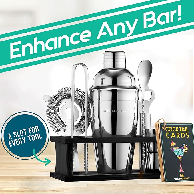 Modern Mixology Cocktail Shaker Set - 8 Piece Bartender Kit on Quality Pine Stand | Complete Cocktail Kit Gift Set | Top Bartender Gifts for Men | Leak Proof Design (Silver)