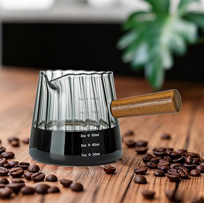 FANTESTICRYAN 6OZ Measuring Cup, Ribbed Borosilicate Glass Espresso Cup, V-Shaped Spout Drain Espresso Double Shots, Coffee Milk Tea Accessories (Dark Gray, Wood Handle)