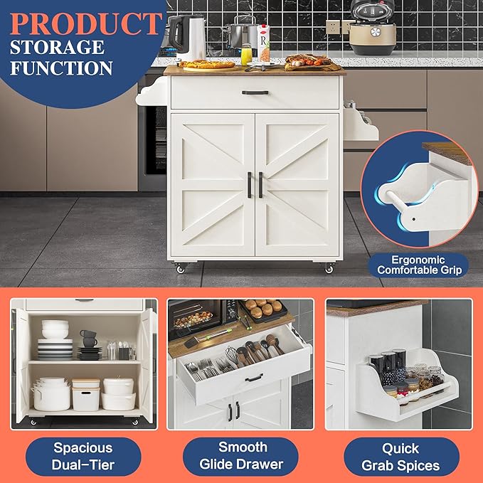 Mobile Multi-Function Kitchen Island Cart with Storage, White Cabinets, Drawers & Counter Block, Featuring a Portable Microwave and Coffee Bar on Rolling Wheels