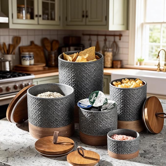 Ceramic Jar with Lid Airtight, Coffee Canister Kitchen Food Storage Jars for Spice Sugar Salt, Coffee Bar Accessories Decorative Container for Countertop - Gray & 42 fl.oz
