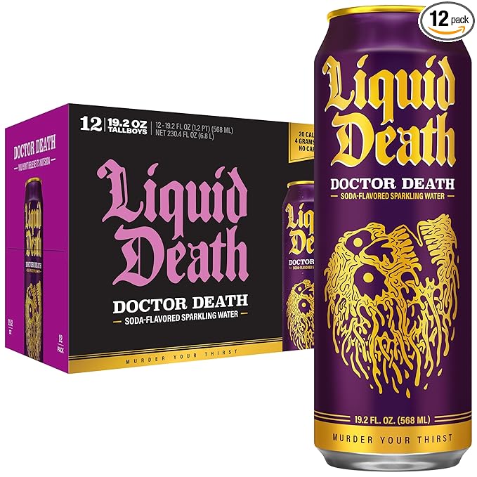 Liquid Death Soda-Flavored Sparkling Water - Doctor Death (Cherry, Cream, Spice), Less Sugar*, Huge Flavor, No Caffeine, No Artificial Sweeteners, King Size 19.2 Fl Oz (Pack of 12)