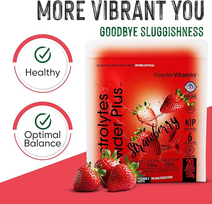 PowderVitamin Electrolytes Powder Plus (20 Servings) Strawberry Electrolyte Powder, No Maltodextrin, Keto,Sugar Free,Pink Himalayan Salt,1000mg Potassium,120mg Calcium,120mg Magnesium,Hydration Powder