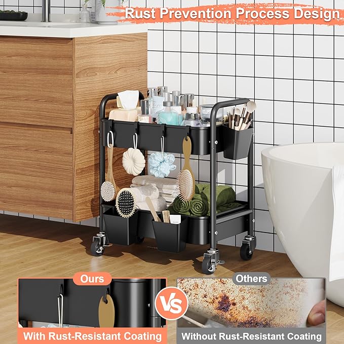 2 Tier Small Rolling Metal Cart with Wheels, Black Under Desk Storage Cart on Wheels, Short Utility Roller Carts Organizer for Pantry, Bathroom,Kitchen,Office, Two Tiered Mobile Storage Shelf Trolley
