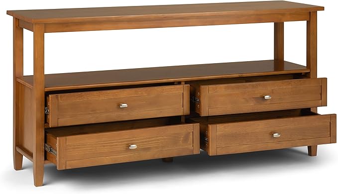 SIMPLIHOME Warm Shaker Wide Console Table - 60 Inch Wide Solid Wood Sofa Table in Light Golden Brown, Transitional Storage Table for Living Room with 4 Drawers, Open Shelf, and Brushed Nickel Knobs