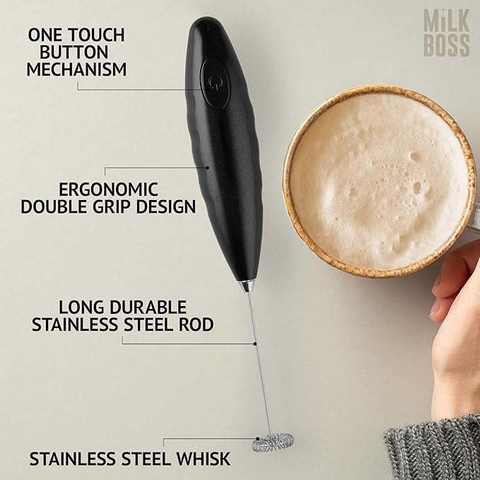 Milk Frother for Coffee - Handheld Automatic Milk Foam Maker Hand Frother for Coffee, Matcha, Hot Chocolate - Mini Drink Mixer - Mini Frother Wand by Milk Boss - Black