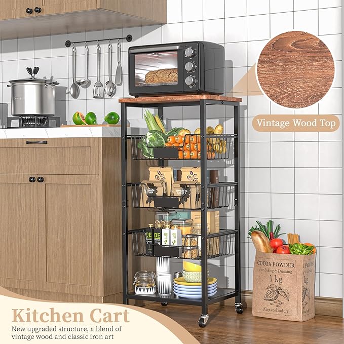Kitchen Storage Cart, Kitchen Basket, 5-Tier Utility Organizer with Baskets and Wood Top, Rolling Snack Cart with Wheels, Metal Black