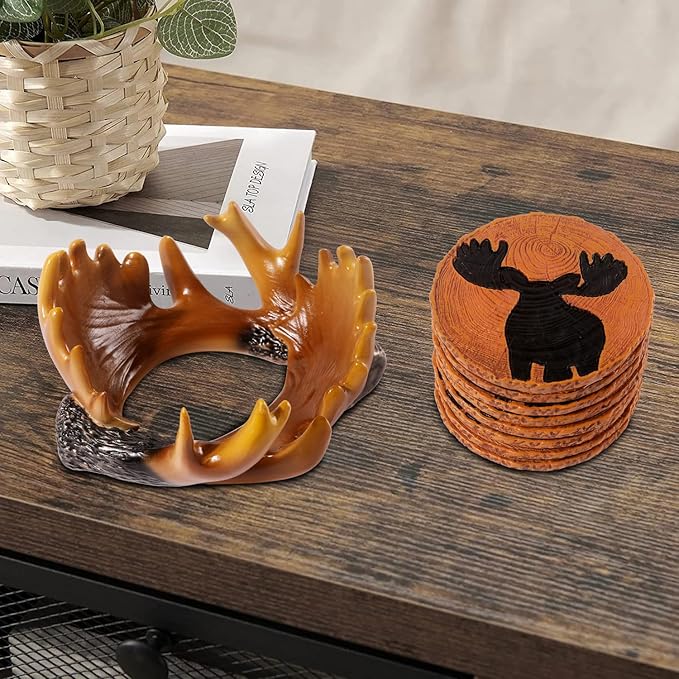 Deer Antler Coasters Set 8 Full Size Non-Slip Cabin Decor Bar Coasters, Indoor Christmas Decorations, Man Cave Gifts for Men and Deer Lovers, Rustic Handmade Cup Coaster for The Home