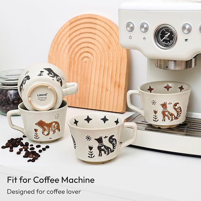 LINVIA Ceramic Coffee Mug, 12 oz Novelty Unique Teacup with Handle, Stoneware Cup for Tea Mocha Latte Cappuccino Espresso (Set of 2, Fox and Bear)