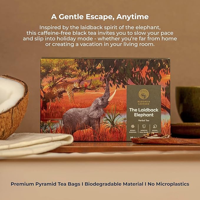 Blooms & Leopard Premium Herbal Tea Bags | The Laidback Elephant Blend | Rooibos, Apple, Lemongrass, Lemon Peel & Coconut Flakes | Caffeine-Free Herbal Infusion for Relaxation, Detox & Wellness | 20 Pyramid Tea Bags