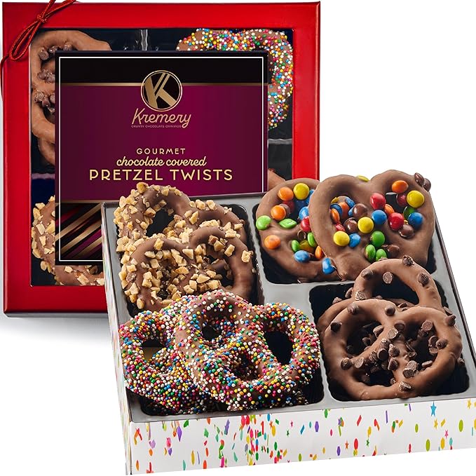 KREMERY Creamy Chocolate Cravings - Valentines Day Chocolate Covered Pretzel Twists Gift Basket, in Confetti Gift Box (12 Pretzels, Assorted Sweet Toppings) Xmas Treats Food Arrangement, Kosher