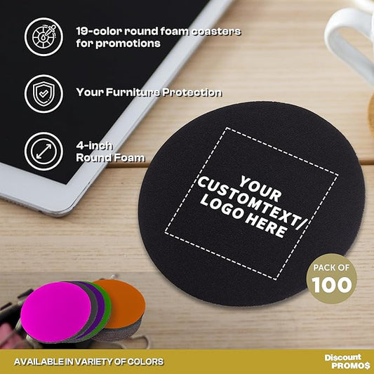100 Round Foam Bud Coasters Pack, 4 inch - Customizable Text, Logo - PU Foam, Party Favor - Black