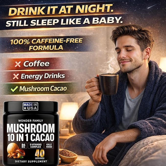 Instant Mushroom Powder 10:1 – Cordyceps Mushroom Supplement with Reishi, Chaga & Shiitake – Caffeine-Free Nighttime Drink with B6, B12, D + Probiotics – Best Mushroom Coffee Organic Blend (Sweet)