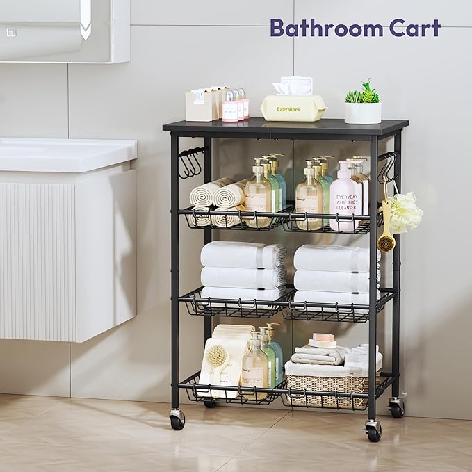 SWTYMIKI Rolling Kitchen Storage Cart - 4 Tier Microwave Table Stand with 6 Storage Baskets, Coffee Bar with Wheels, Kitchen Utility Cart Shelf Rack Organizer for Fruit, Vegetables, Potato (Black)