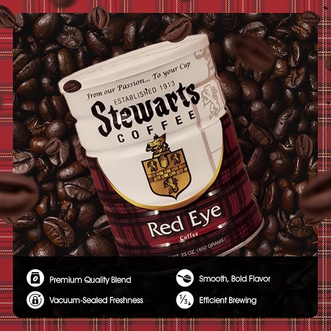 Stewarts - Red Eye Ground Coffee - Dark Roast - Vacuum Sealed Bags - Bold & Rich Dark Roast Ground Coffee - Ideal for Morning Energy & All-Day Enjoyment - Freshly Packed Flavor (23oz, Pack of 6)