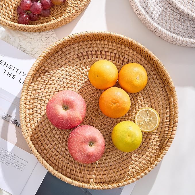 Round Rattan Serving Tray,Hand-Woven Tray with Handles, Ottoman Decorative Coffee Table Tray,Wicker Storage Basket for Tea,Fruit,Bread (Natural, 11.8")