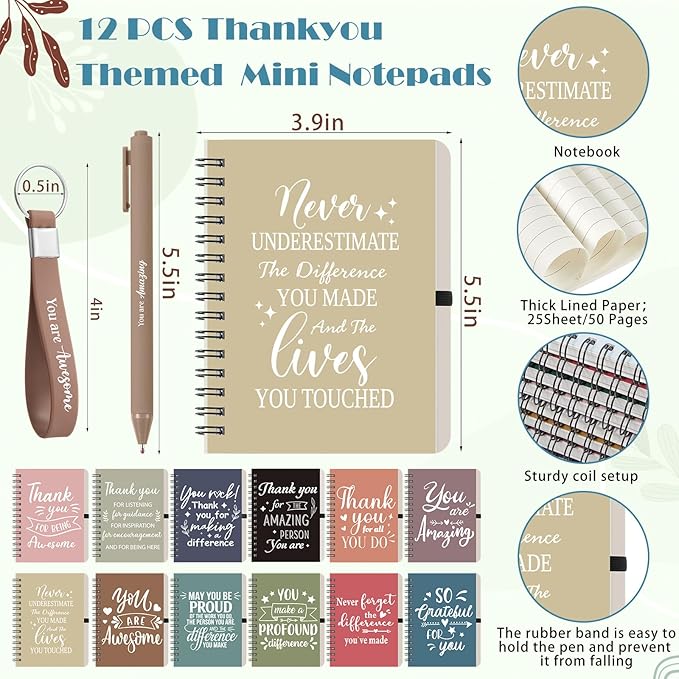 Skylety 12 Set/48 Pcs Employee Appreciation Gifts Bulk Christmas Thank You Gift Set 16 oz Coffee Cups Mini Spiral Notebooks Pens Keychains for Staff Team Teacher Coworker (Morandi Color)