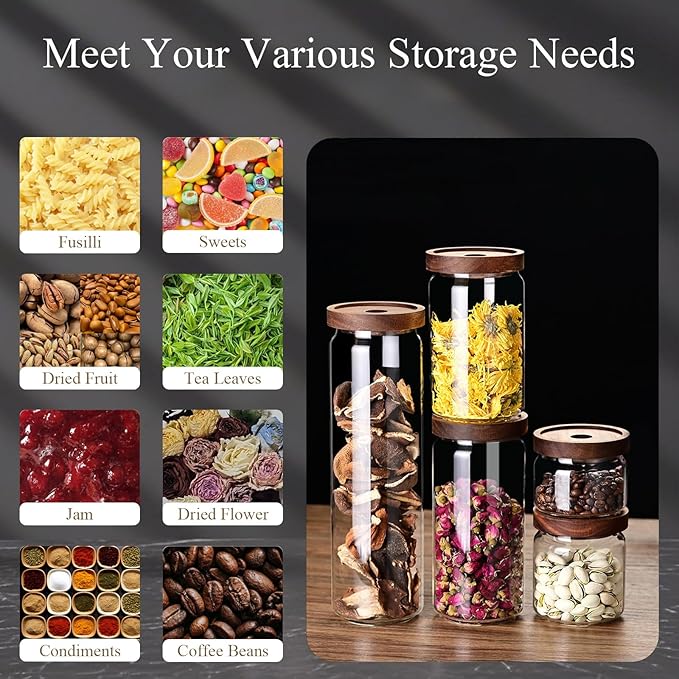 Glass Jars with Airtight Wood Lids - 57 OZ Large Tall Kitchen Pantry Storage Containers, Decorative Canister for Pasta, Spaghetti, Fusilli, Noodles, Coffee Beans, Oats, Cereal, Tea, Nuts, Set of 2