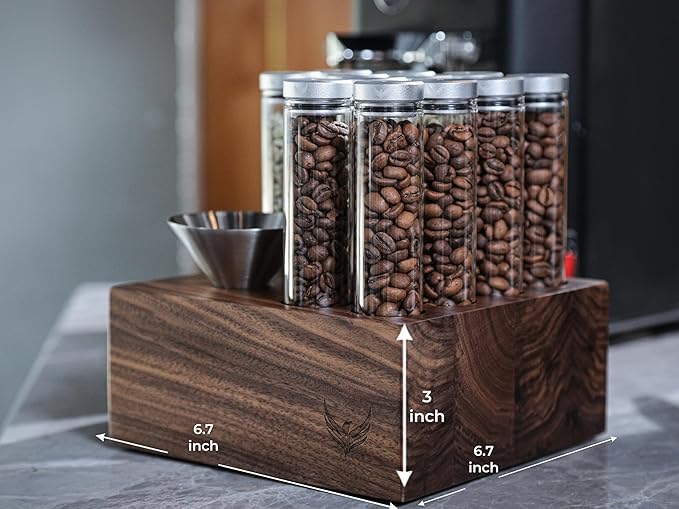 Single Dose Coffee Bean Storage Tubes Espresso Bean Cellar 12pcs One-Way Exhaust Valve Lids Glass Dosing Vials With Walnut Stand & Stainless Steel Funnel