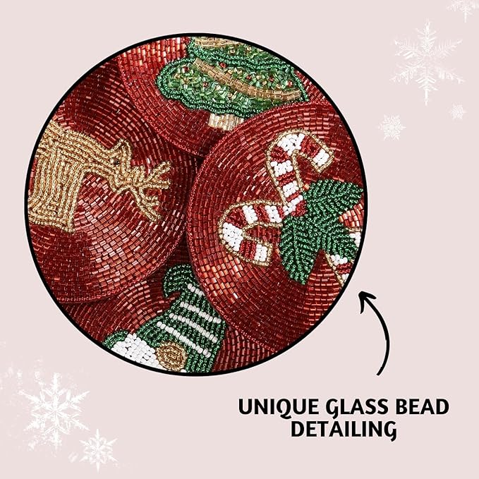Folkulture Hand-Crafted Holiday Magic Beaded Coasters Set of 4 | Handmade Round Drink Coasters for Coffee Table & Bar | Boho Table Décor | Housewarming, Valentine Gifts