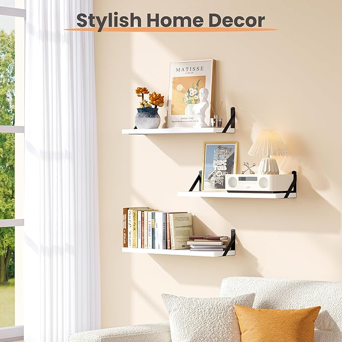 upsimples Floating Book Shelves for Wall, 23.6 Inches Floating Wood Shelves for Living Room, Laundry Room, Bedroom, Office Organizer and Storage, White
