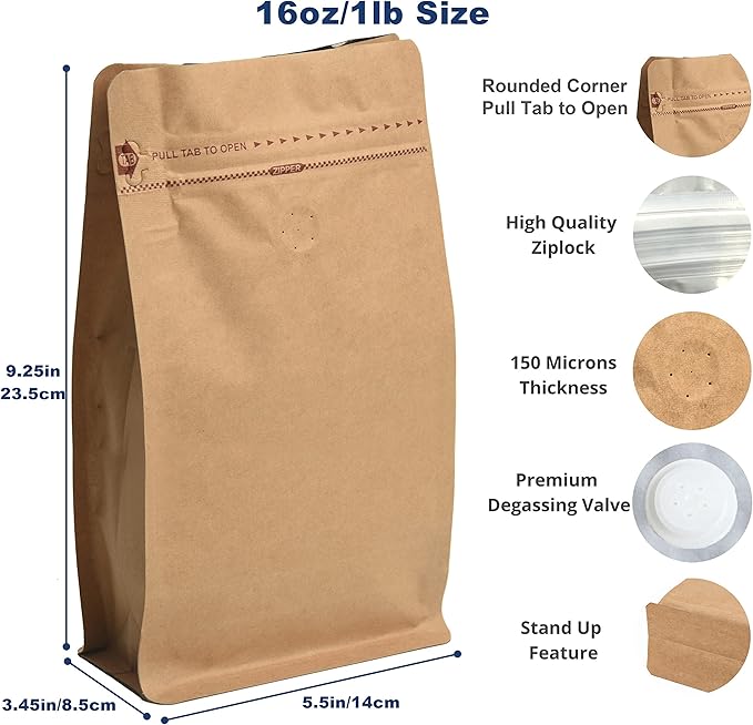 50 Count 16oz/1lb Kraft Paper Coffee Bags - High Barrier Kraft & Foil Liner - Flat Bottom Coffee Pouches with Degassing Valve, Rsealable Zipper & Easy Open Tape (16 Ounces/1 LB)