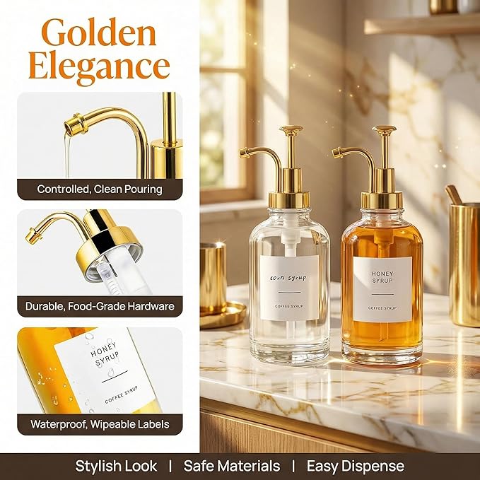 2 Pack Coffee Syrup Dispenser, 16.9 oz 500 ml Coffee Pump Dispenser, Glass Syrup Bottle with 36 Labels and Golden Pumps, Soap Dispenser for Coffee Bar Accessories, Caramel