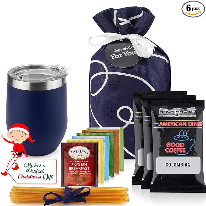 Tea and Coffee Lovers Gift Set - Includes Temperature Retention Cup, 3 Fresh Roasted Full Pot Ground-Coffee Samplers, 6 Special Blend Teabags & Honey Presented in Beautiful Gift Bag For Women & Men