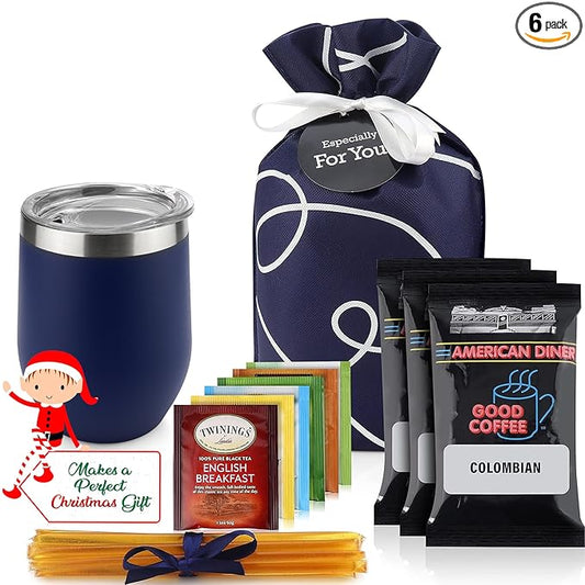 Tea and Coffee Lovers Gift Set - Includes Temperature Retention Cup, 3 Fresh Roasted Full Pot Ground-Coffee Samplers, 6 Special Blend Teabags & Honey Presented in Beautiful Gift Bag For Women & Men
